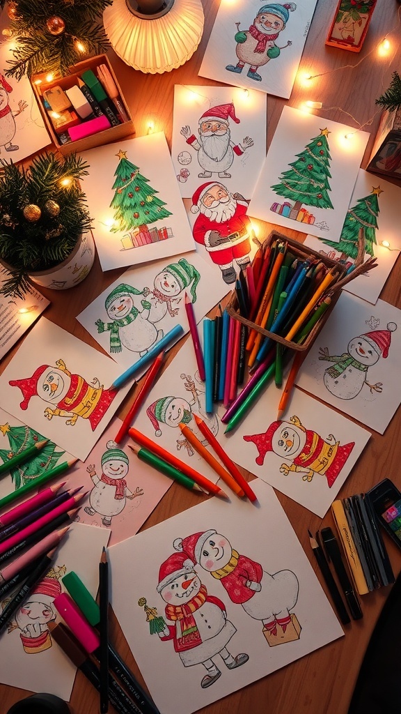 A creative workspace with Christmas drawings and art supplies, showcasing the festive spirit.